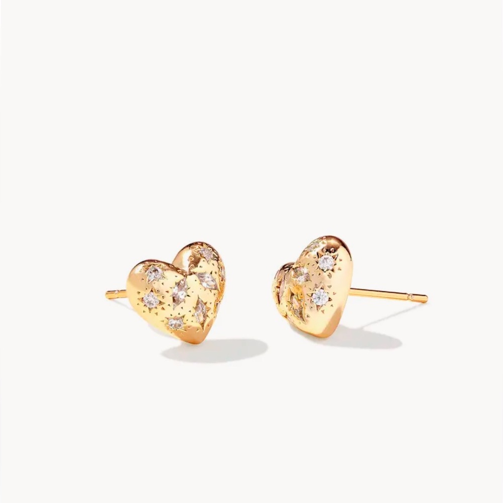 NWT Kendra Scott Holland Gold Heart Stud Earrings in White Crystal